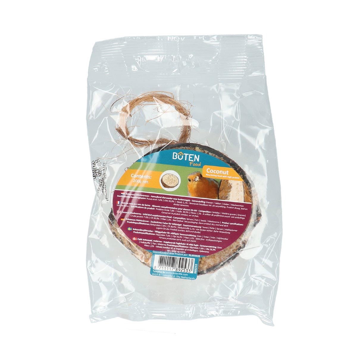Produktbillede af Fuglefoder kokosnød med melorme og frø 200 g på tilbud i høj kvalitet