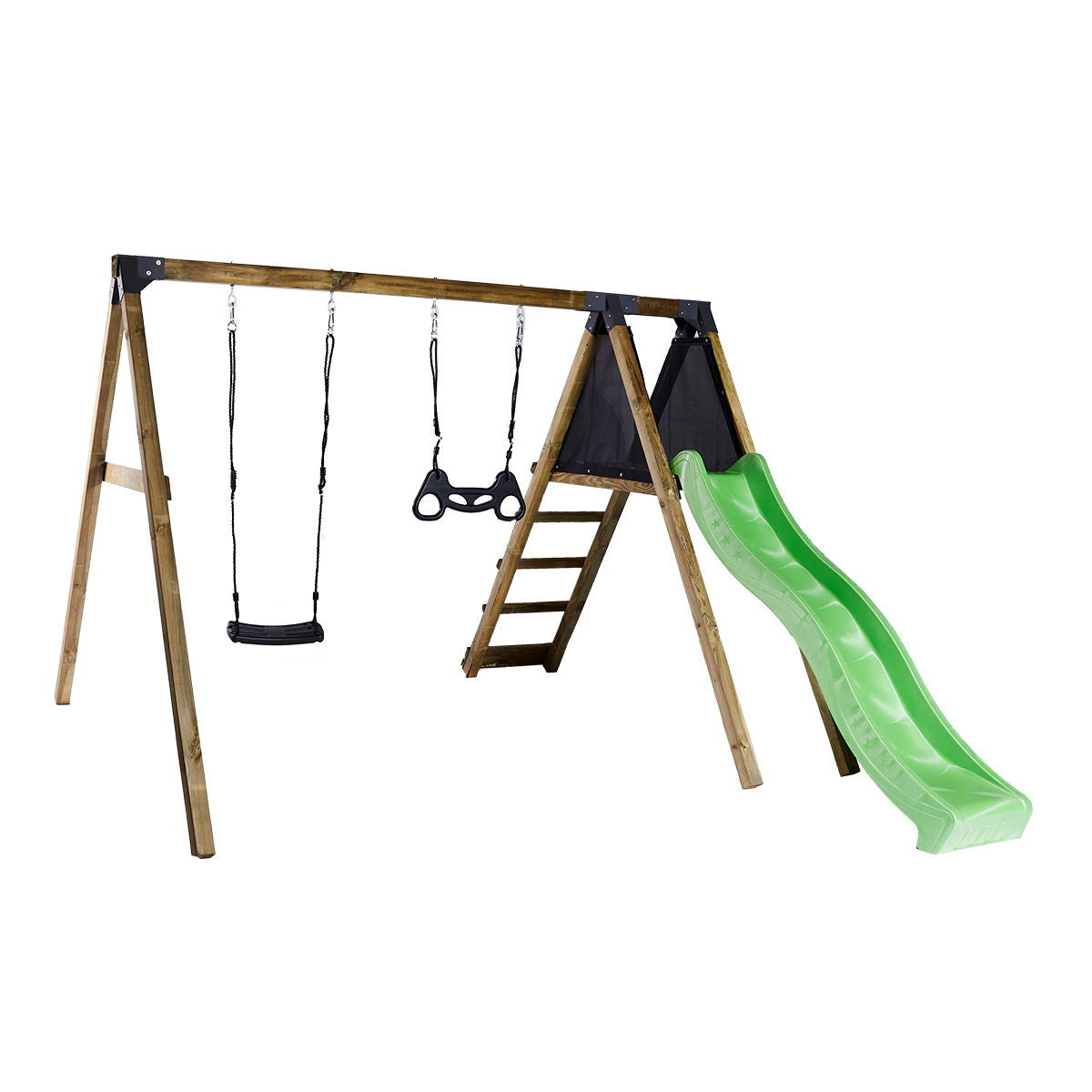 Produktbillede af Gyngestativ med climb modul sort gyngesæde og sort trapezgynge inkl. grøn rutsjebane NORDIC PLAY på tilbud i høj kvalitet
