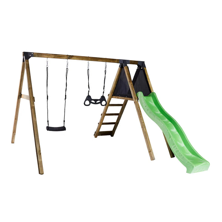 Gyngestativ med climb modul sort gyngesæde og sort trapezgynge inkl. grøn rutsjebane NORDIC PLAY
