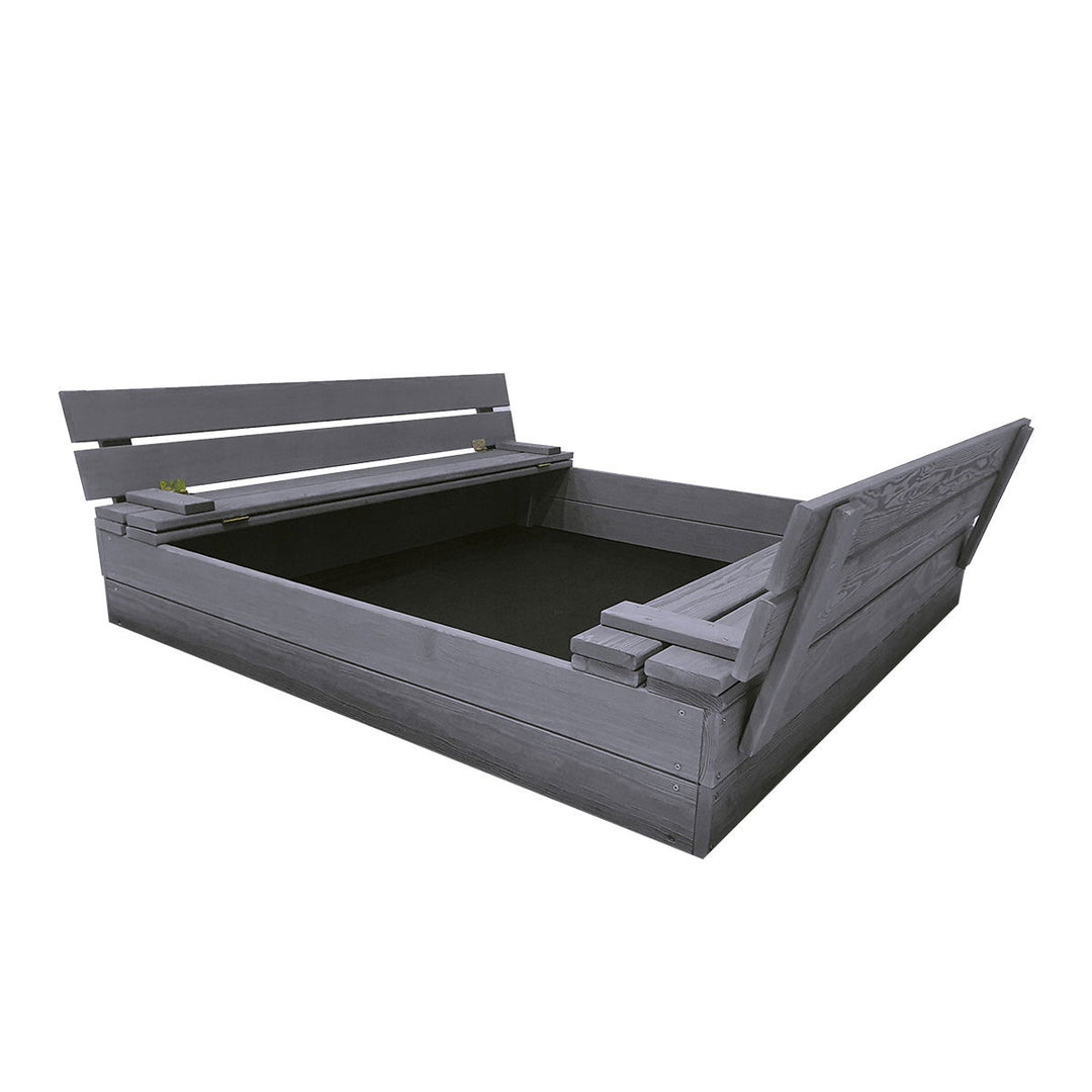 Produktbillede af Sandkasse 120 x 120 cm med vippelåg og bænk grå grundmalet NORDIC PLAY på tilbud i høj kvalitet