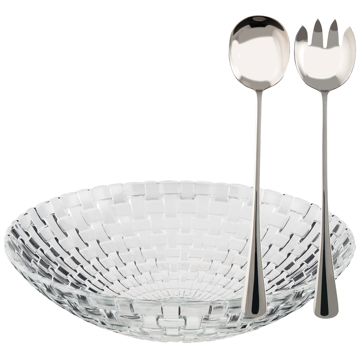 Dorre Glitter salatskål i glas med flettet struktur og to matchende salatbestik