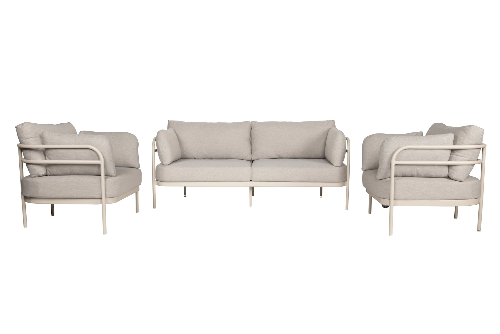 Produktbillede af ZUIVER Vista udendørs loungesæt m. 1 sofa 2 stole og hynder i olefinstof beige aluminium i premium kvalitet