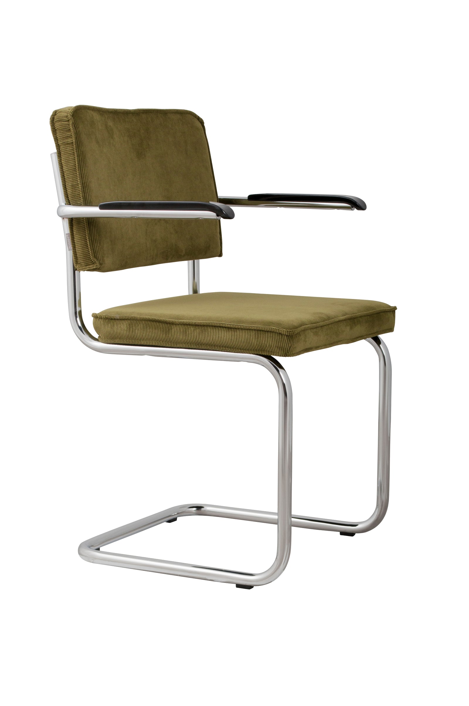 Produktbillede af ZUIVER Ridge Rib lænestol m. armlæn grøn fløjl polyester og sølv krom i premium kvalitet