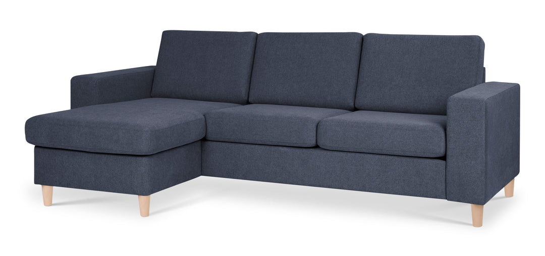 Pan set 1 3D sofa med chaiselong blå polyester stof og natur træ