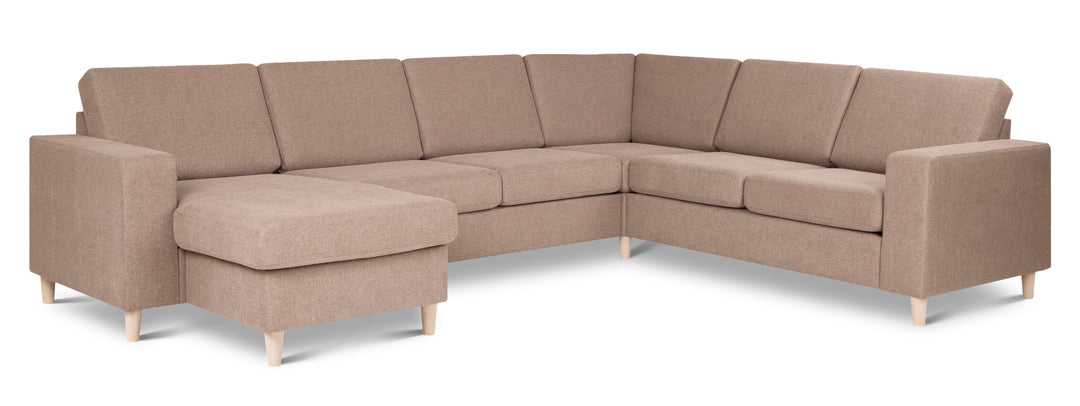 Pan set 6 U 2C3D sofa med chaiselong antelope beige polyester stof og natur træ