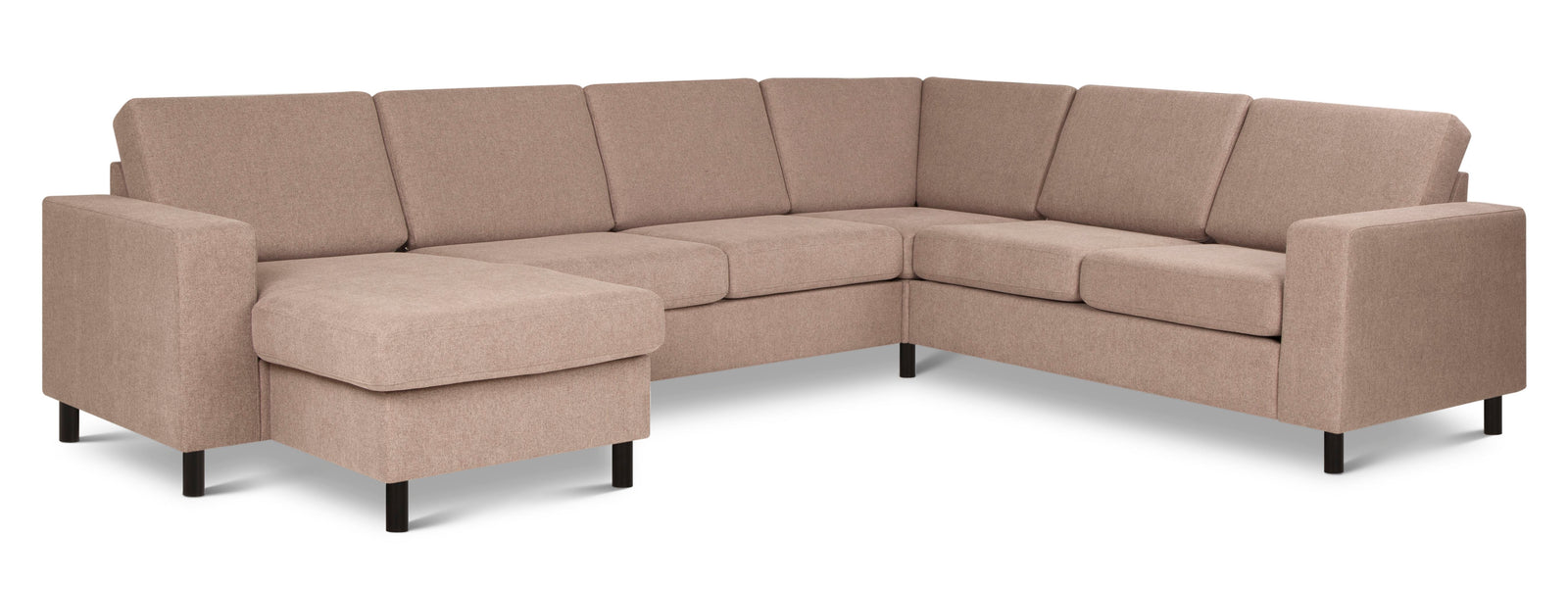 Produktbillede af Pan set 6 U 2C3D sofa med chaiselong antelope beige polyester stof og sort træ i premium kvalitet