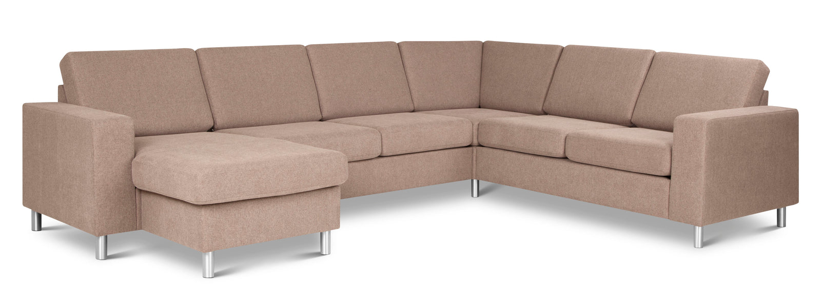Produktbillede af Pan set 6 U 2C3D sofa med chaiselong antelope beige polyester stof og børstet aluminium i premium kvalitet