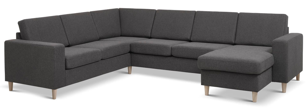 Pan set 6 U 2C3D sofa med chaiselong antracitgrå polyester stof og natur træ