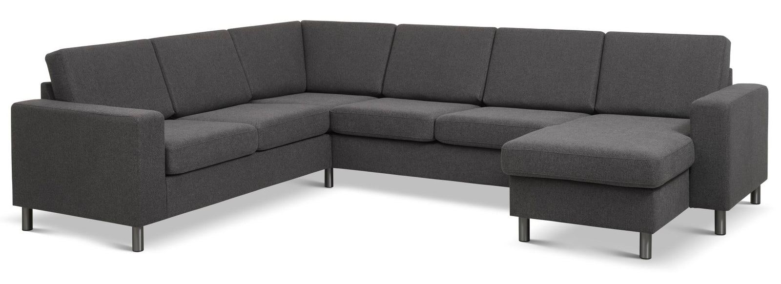 Produktbillede af Pan set 6 U 2C3D sofa med chaiselong antracitgrå polyester stof og børstet aluminium i premium kvalitet