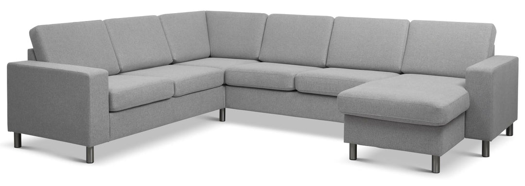 Pan set 6 U 2C3D sofa med chaiselong grå polyester stof og børstet aluminium