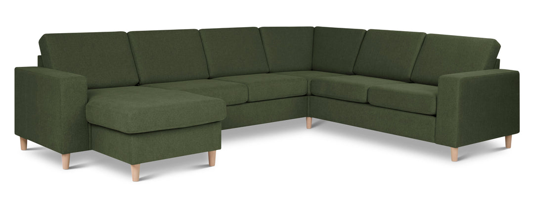 Pan set 6 U 2C3D sofa med chaiselong vinter mosgrøn polyester stof og natur træ