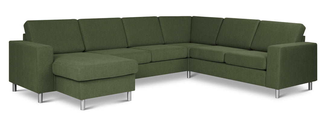 Pan set 6 U 2C3D sofa med chaiselong vinter mosgrøn polyester stof og børstet aluminium