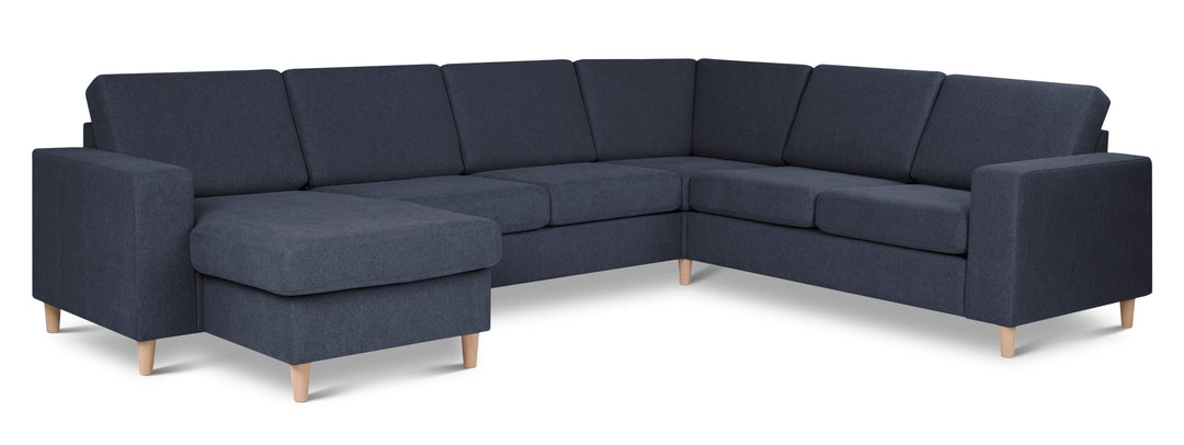 Pan set 6 U 2C3D sofa med chaiselong blå polyester stof og natur træ