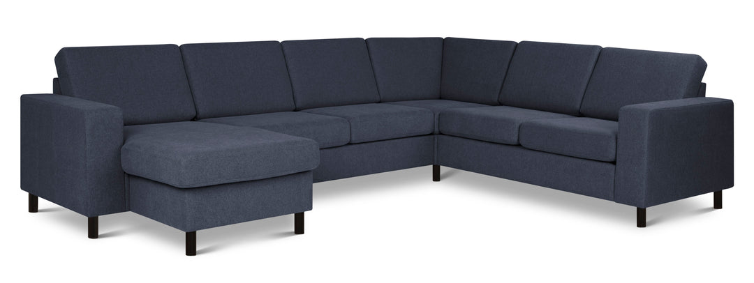 Produktbillede af Pan set 6 U 2C3D sofa med chaiselong blå polyester stof og sort træ i premium kvalitet