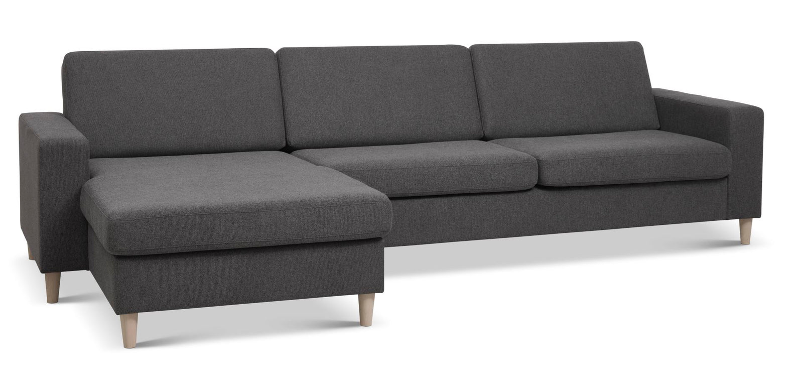 Produktbillede af Pan set 8 3D XL sofa m. chaiselong antracitgrå polyester stof og natur træ i premium kvalitet