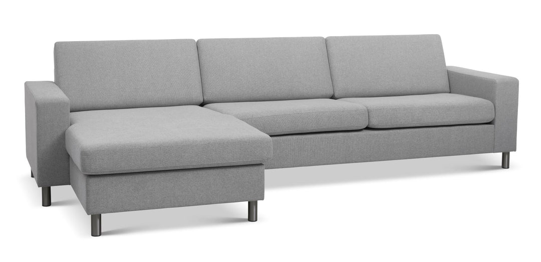 Produktbillede af Pan set 8 3D XL sofa m. chaiselong grå polyester stof og børstet aluminium i premium kvalitet