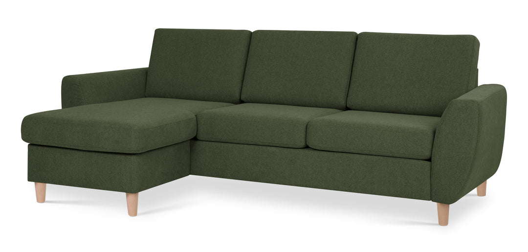 Wendy set 1 3D sofa m. chaiselong vinter mosgrøn polyester stof og natur træ