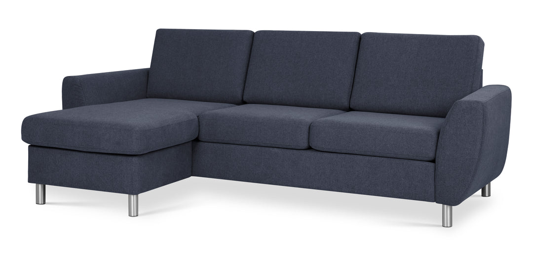 Wendy set 1 3D sofa m. chaiselong blå polyester stof og børstet aluminium