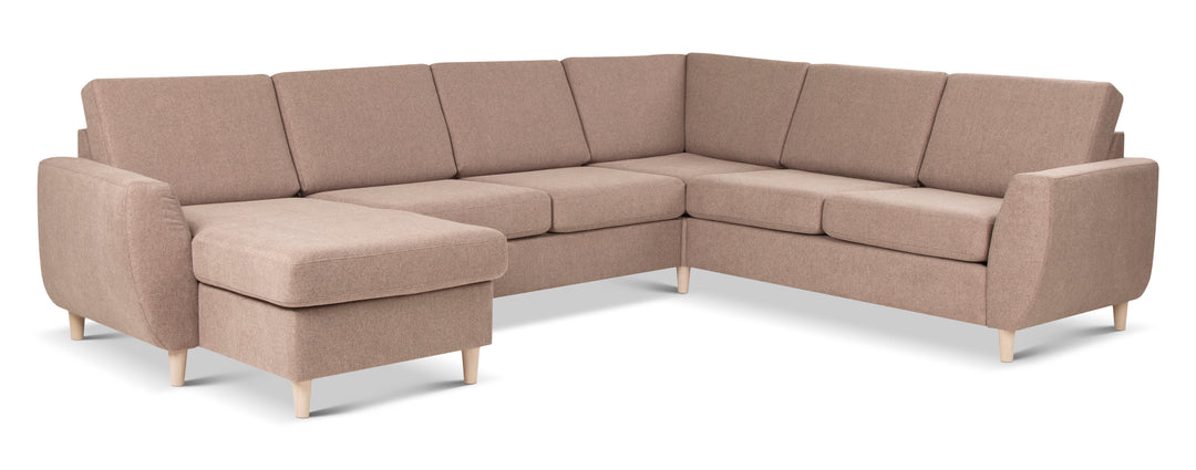Wendy set 6 U 2C3D sofa m. chaiselong antelope beige polyester stof og natur træ