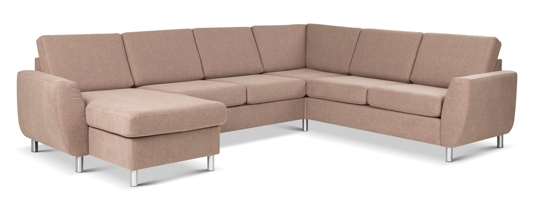 Wendy set 6 U 2C3D sofa m. chaiselong antelope beige polyester stof og børstet aluminium
