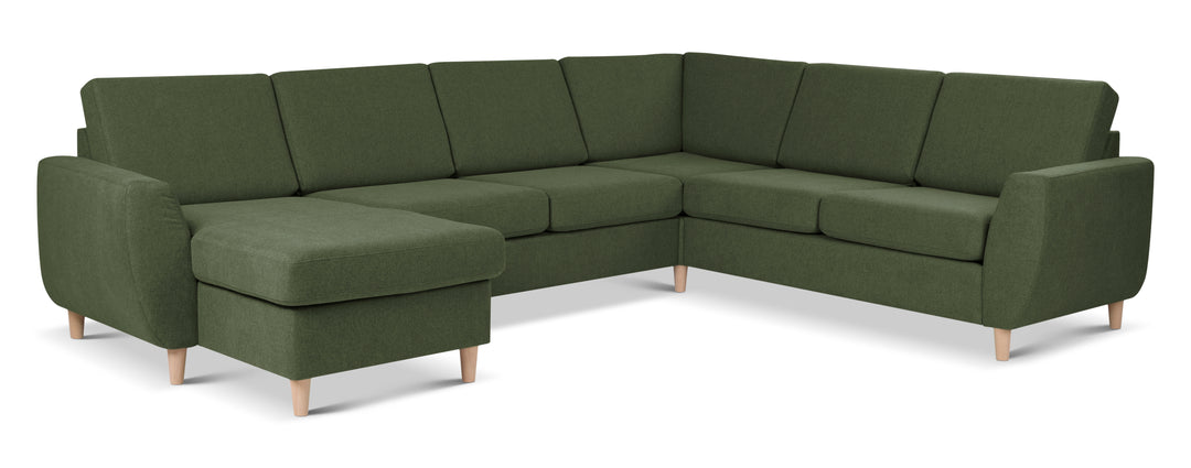 Wendy set 6 U 2C3D sofa m. chaiselong vinter mosgrøn polyester stof og natur træ