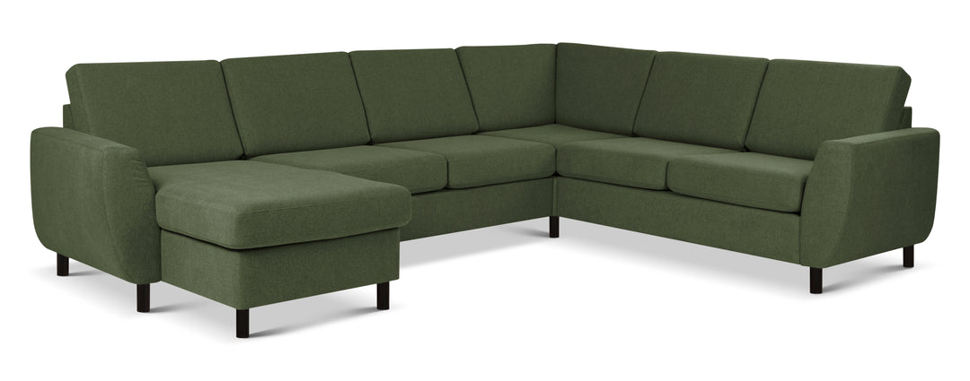 Wendy set 6 U 2C3D sofa m. chaiselong vinter mosgrøn polyester stof og sort træ