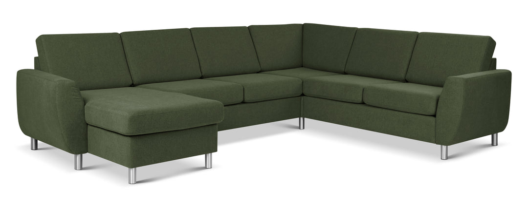 Wendy set 6 U 2C3D sofa m. chaiselong vinter mosgrøn polyester stof og børstet aluminium