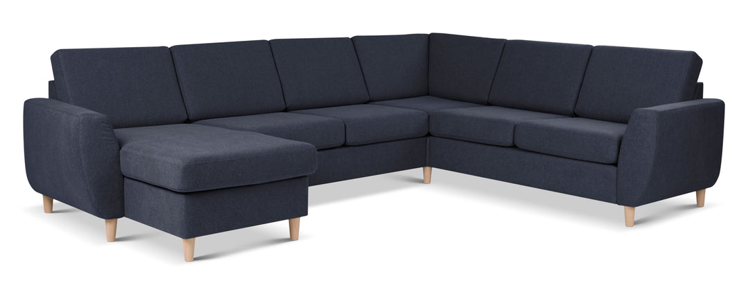 Wendy set 6 U 2C3D sofa m. chaiselong blå polyester stof og natur træ