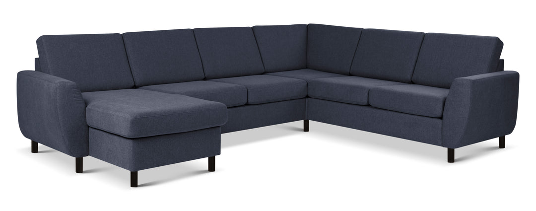 Wendy set 6 U 2C3D sofa m. chaiselong blå polyester stof og sort træ