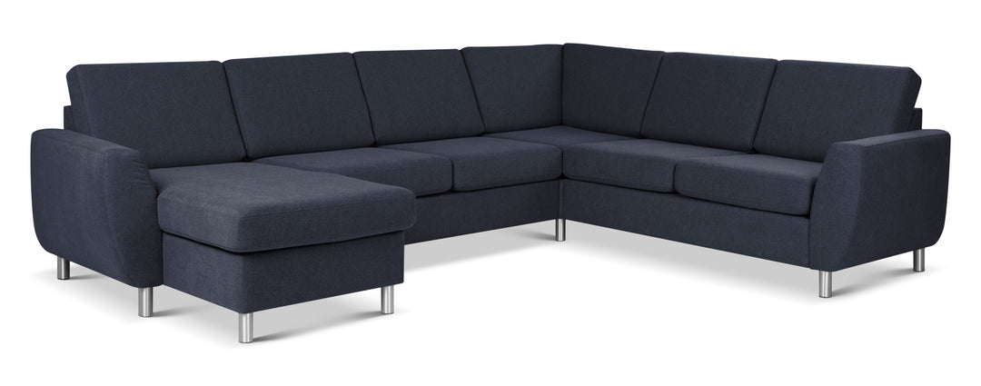 Wendy set 6 U 2C3D sofa m. chaiselong blå polyester stof og børstet aluminium