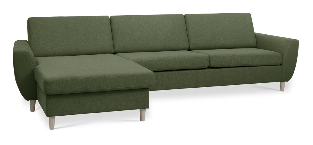 Wendy set 8 3D XL sofa m. chaiselong vinter mosgrøn polyester stof og natur træ