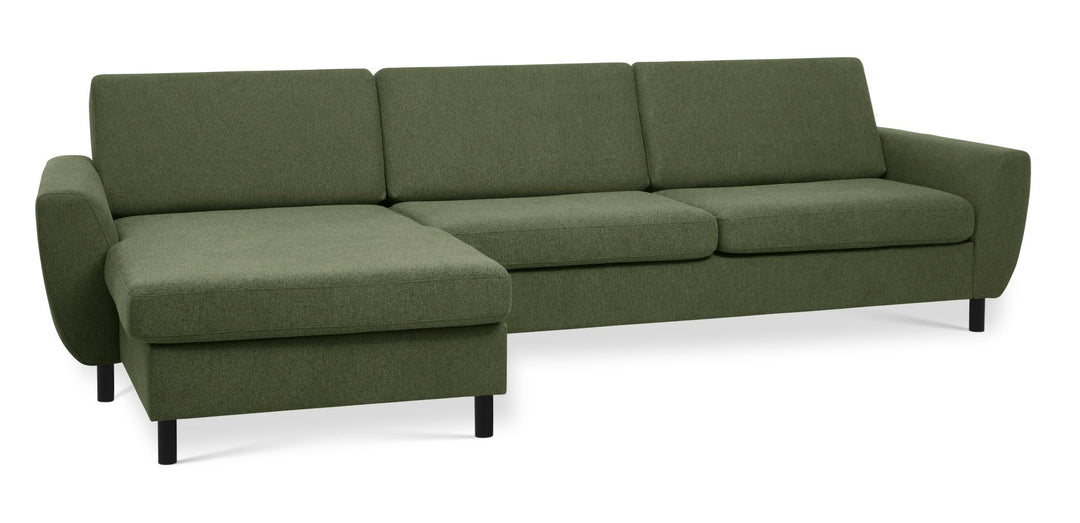 Wendy set 8 3D XL sofa m. chaiselong vinter mosgrøn polyester stof og sort træ