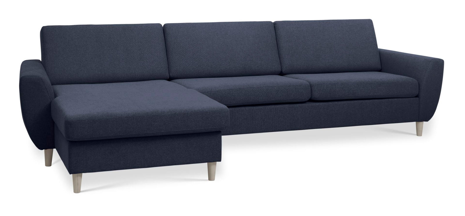 Produktbillede af Wendy set 8 3D XL sofa m. chaiselong blå polyester stof og natur træ i premium kvalitet