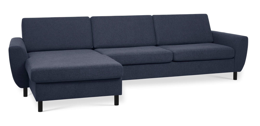 Produktbillede af Wendy set 8 3D XL sofa m. chaiselong blå polyester stof og sort træ i premium kvalitet