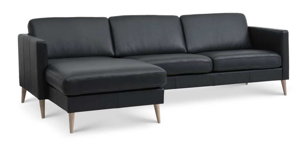 Ask sæt 51 3D sofa m. chaiselong sort semianilin læder og natur træ.