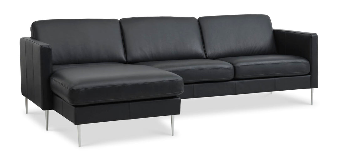 Ask sæt 51 3D sofa m. chaiselong sort semianilin læder og børstet aluminium