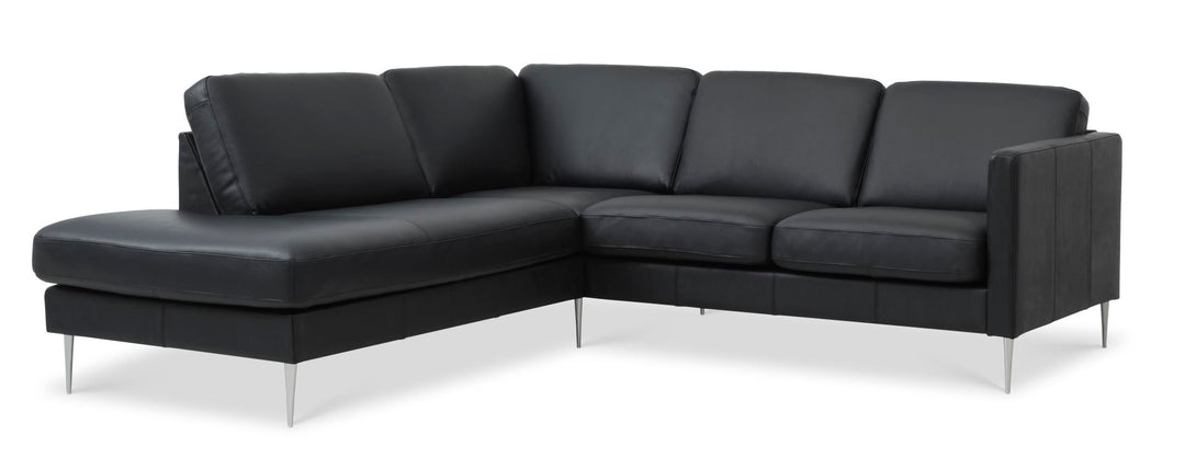 Ask sæt 52 lille OE sofa m. venstre chaiselong sort semianilin læder og børstet aluminium