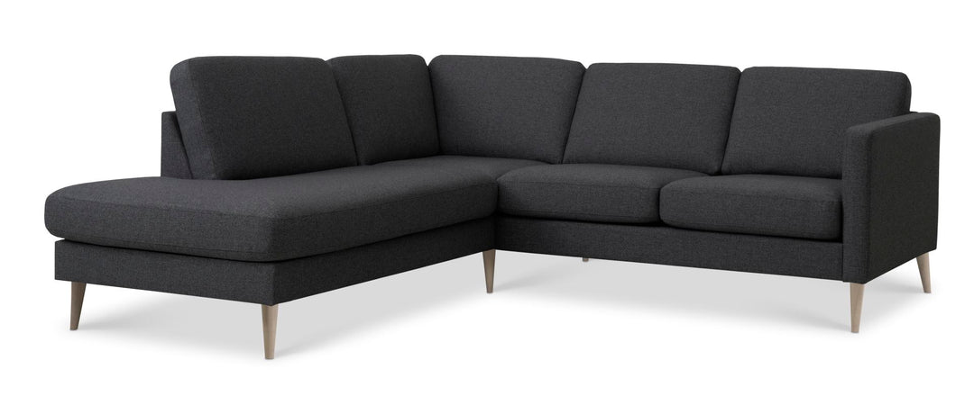 Ask sæt 52 lille OE sofa m. venstre chaiselong antracitgrå polyester stof og natur træ