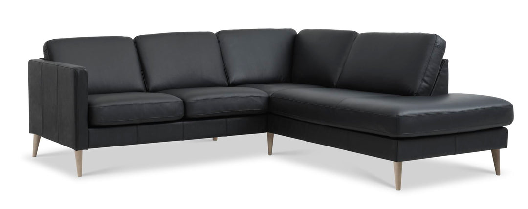 Ask sæt 53 lille OE sofa m. højre chaiselong sort semianilin læder og natur træ