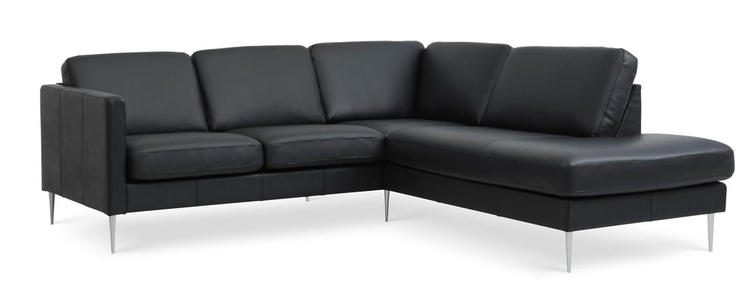 Ask sæt 53 lille OE sofa m. højre chaiselong sort semianilin læder og børstet aluminium