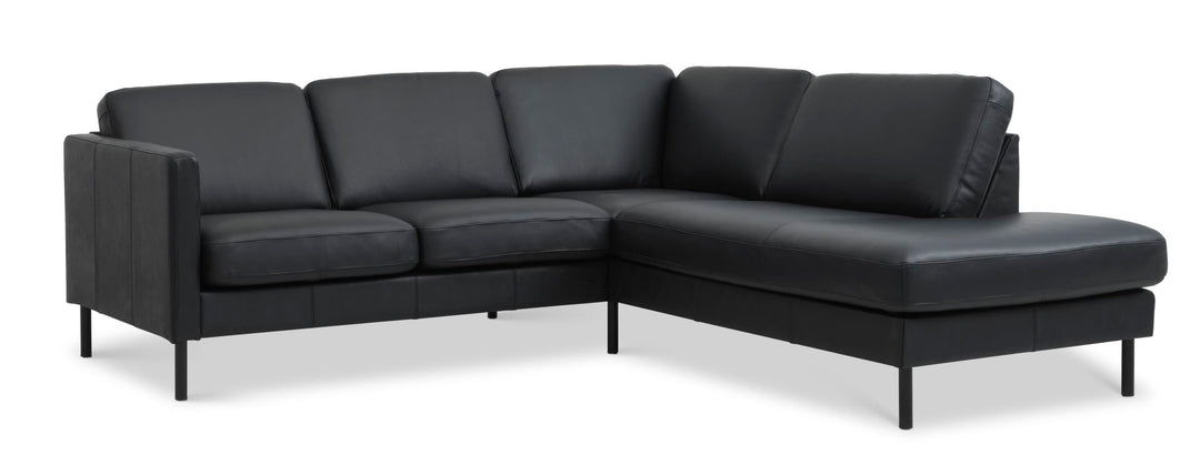 Ask sæt 53 lille OE sofa m. højre chaiselong sort semianilin læder og sort metal
