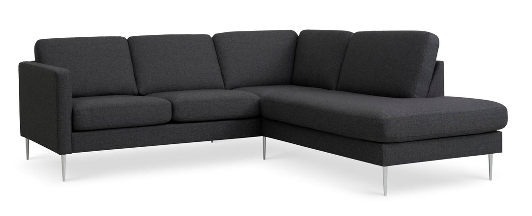 Ask sæt 53 lille OE sofa m. højre chaiselong antracitgrå polyester stof og børstet aluminium