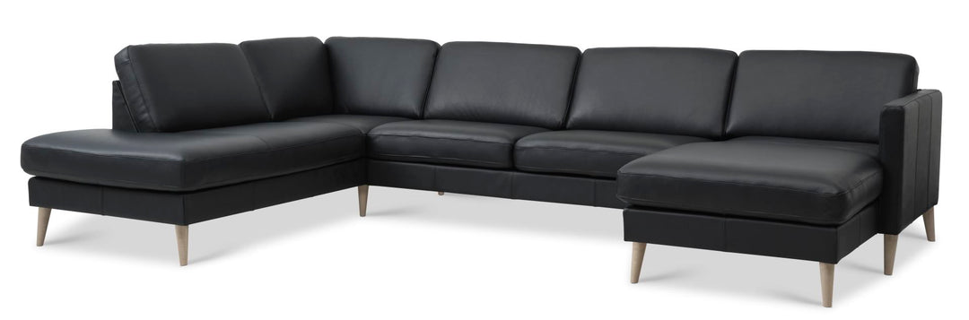Ask sæt 54 U OE sofa m. venstre chaiselong sort semianilin læder og natur træ