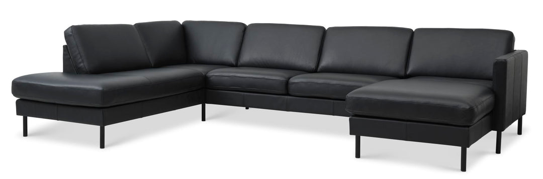 Ask sæt 54 U OE sofa m. venstre chaiselong sort semianilin læder og sort metal