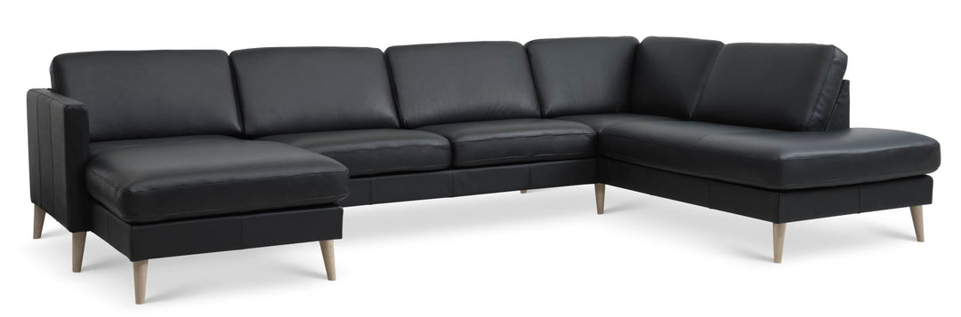 Ask sæt 55 U OE sofa m. højre chaiselong sort semianilin læder og natur træ