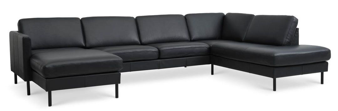 Ask sæt 55 U OE sofa m. højre chaiselong sort semianilin læder og sort metal