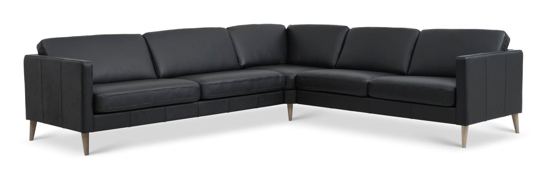 Ask sæt 57 hjørnesofa sort semianilin læder og natur træ