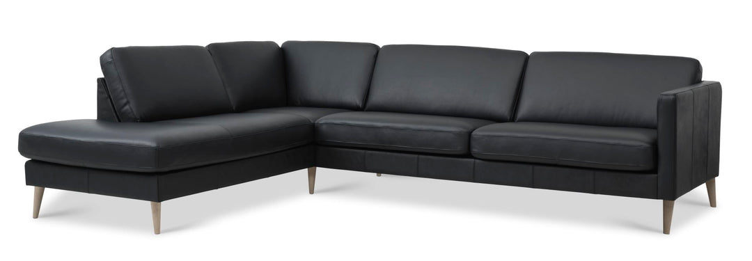Ask sæt 60 stor OE sofa m. venstre chaiselong sort semianilin læder og natur træ