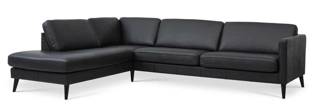 Ask sæt 60 stor OE sofa m. venstre chaiselong sort semianilin læder og sort træ