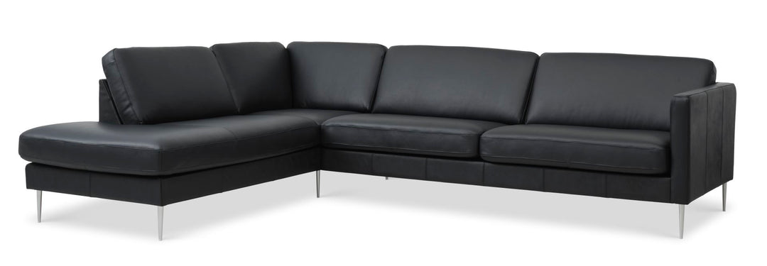 Ask sæt 60 stor OE sofa m. venstre chaiselong sort semianilin læder og børstet aluminium